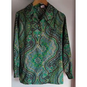 Vintage Graff Californiawear Women's Blouse Size L Green Polyester Paisley
